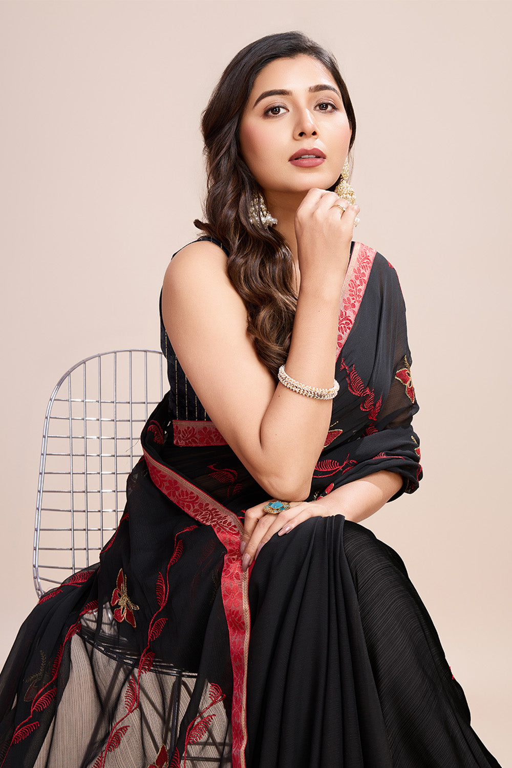 Black Georgette Saree Soft Pastel Red Embroidery