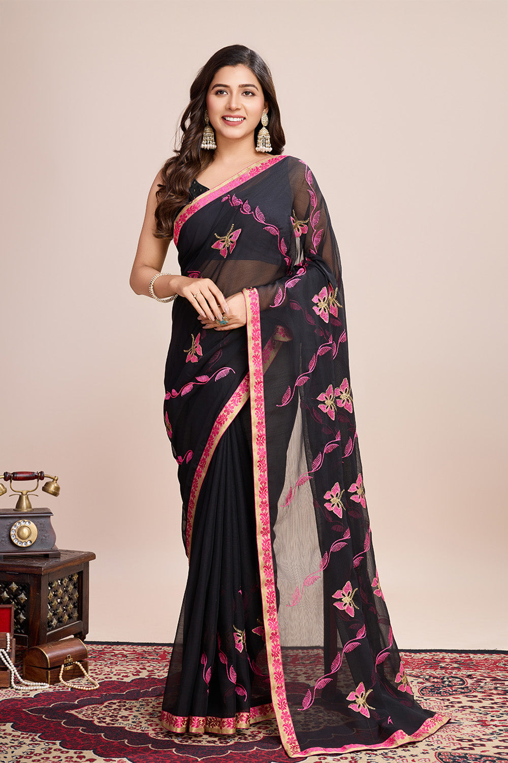 Black Georgette Saree Soft Pastel Pink Embroidery