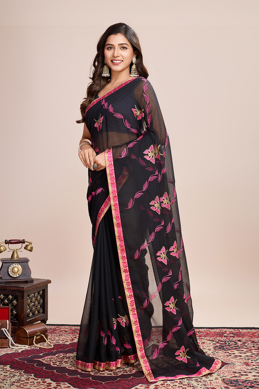 Black Georgette Saree Soft Pastel Pink Embroidery