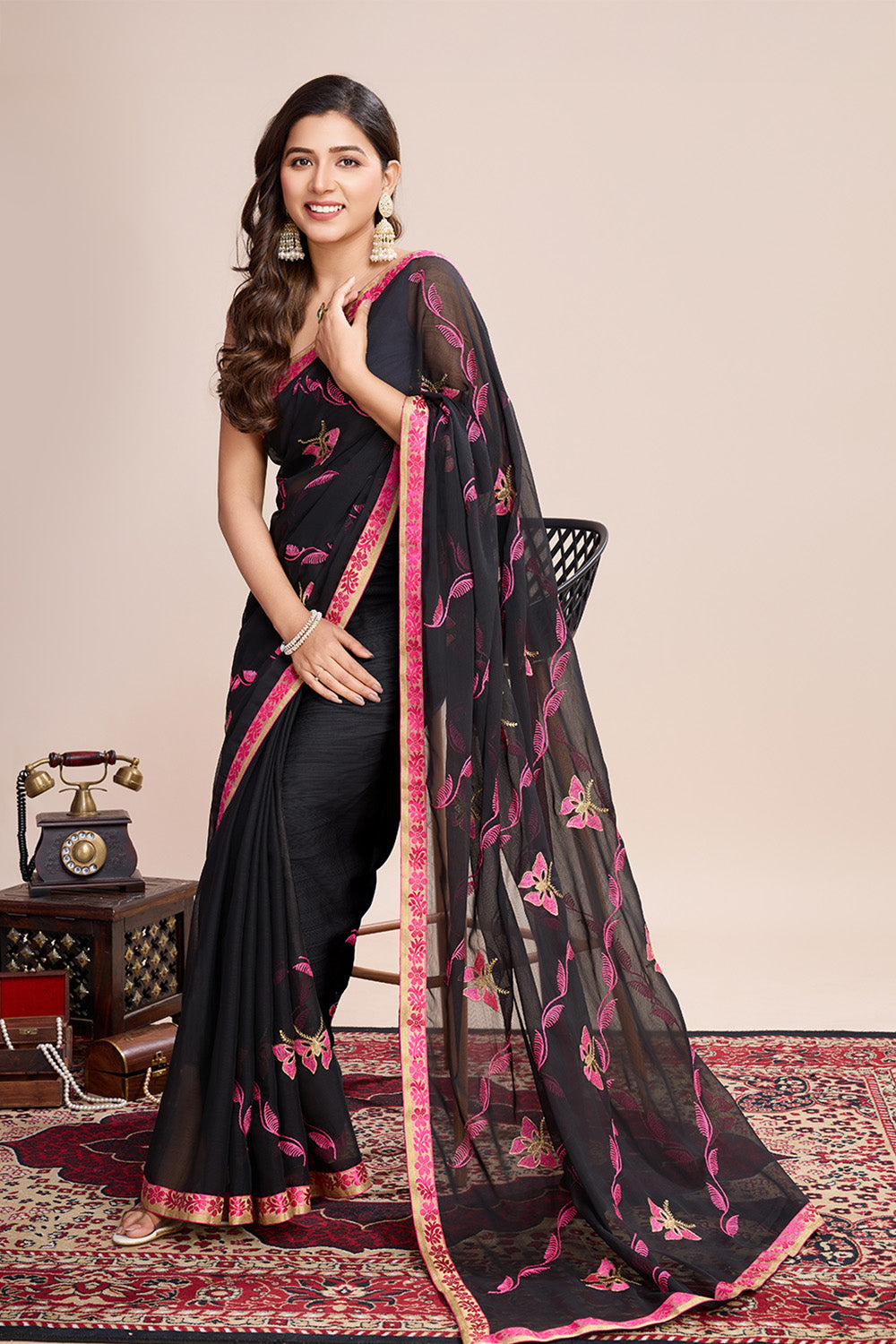 Black Georgette Saree Soft Pastel Pink Embroidery