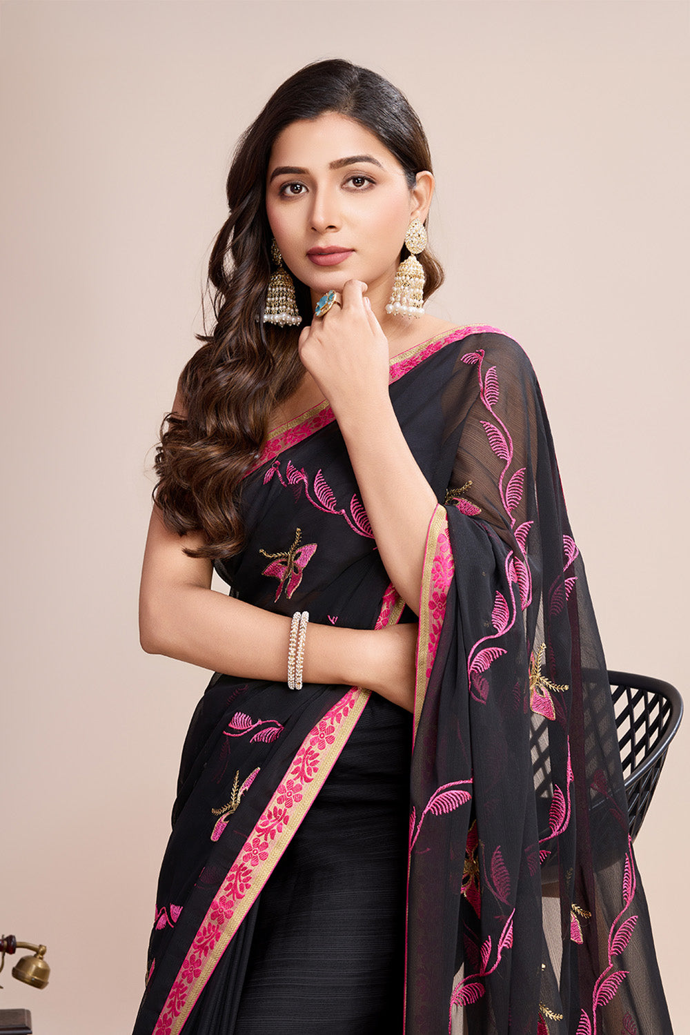 Black Georgette Saree Soft Pastel Pink Embroidery
