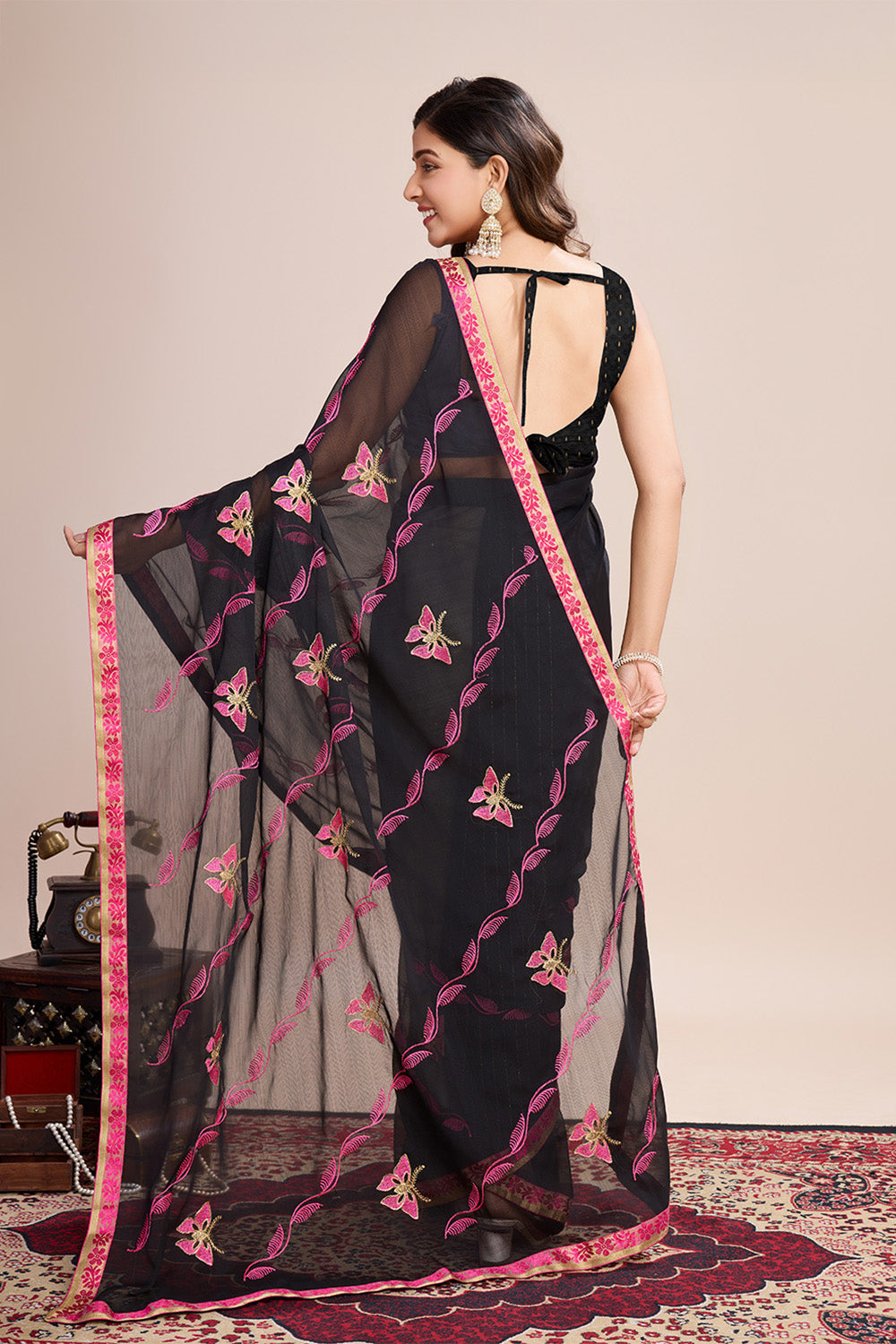 Black Georgette Saree Soft Pastel Pink Embroidery