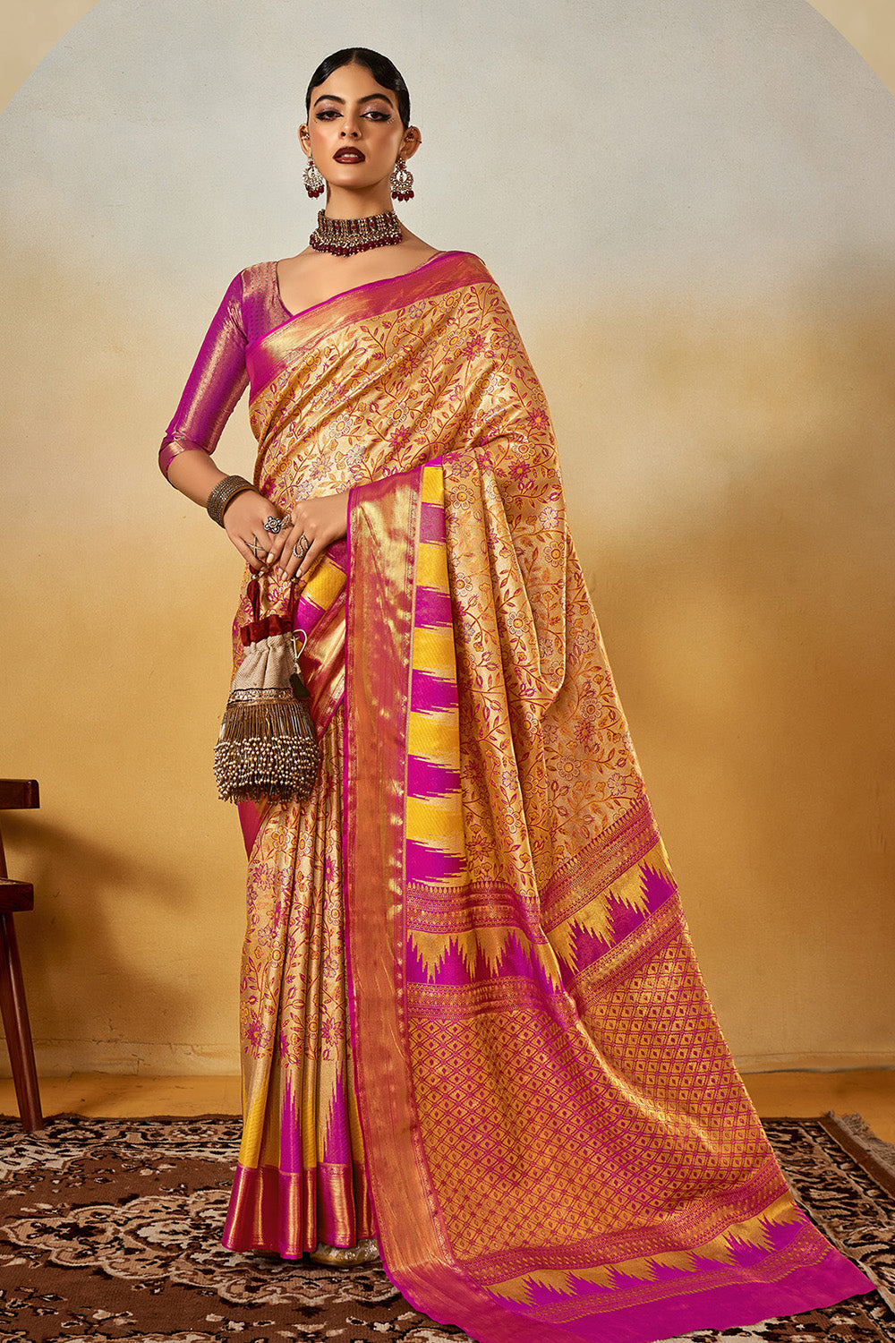 Golden Dual Tone Jaquard Saree With Blouse
