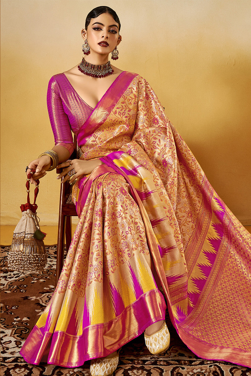 Golden Dual Tone Jaquard Saree With Blouse