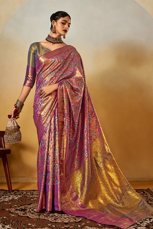 Golden Purple Dual Tone Jaquard Saree With Blouse