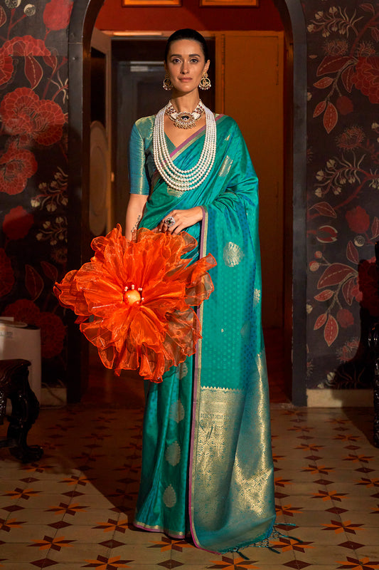 Sea Green Banarasi Saree With Brocade Blouse