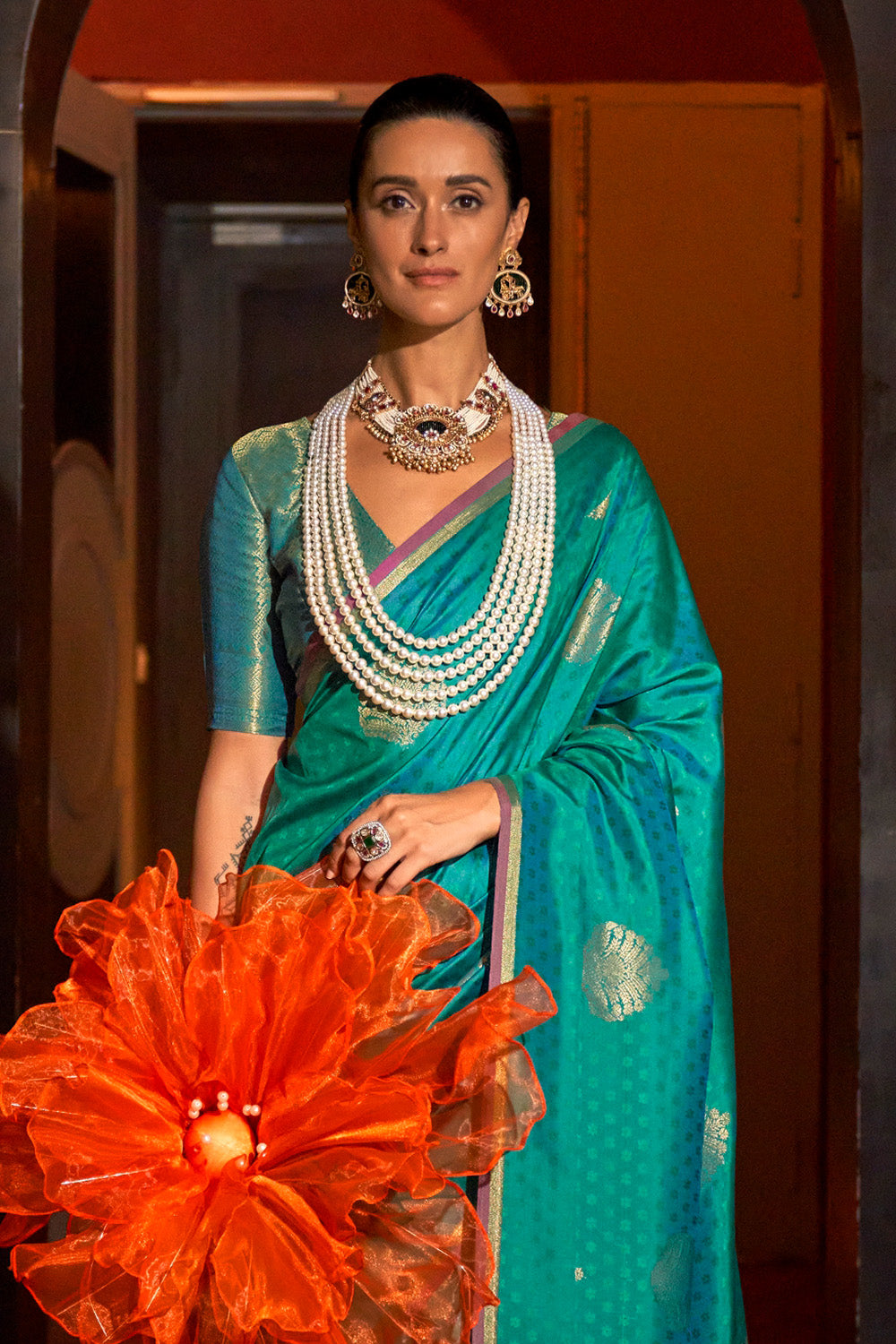 Sea Green Banarasi Saree With Brocade Blouse