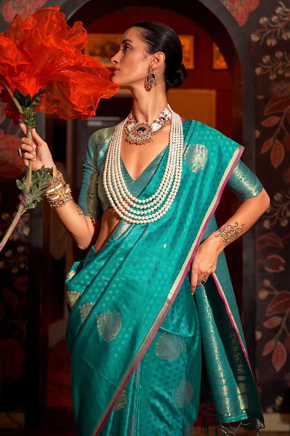 Sea Green Banarasi Saree With Brocade Blouse
