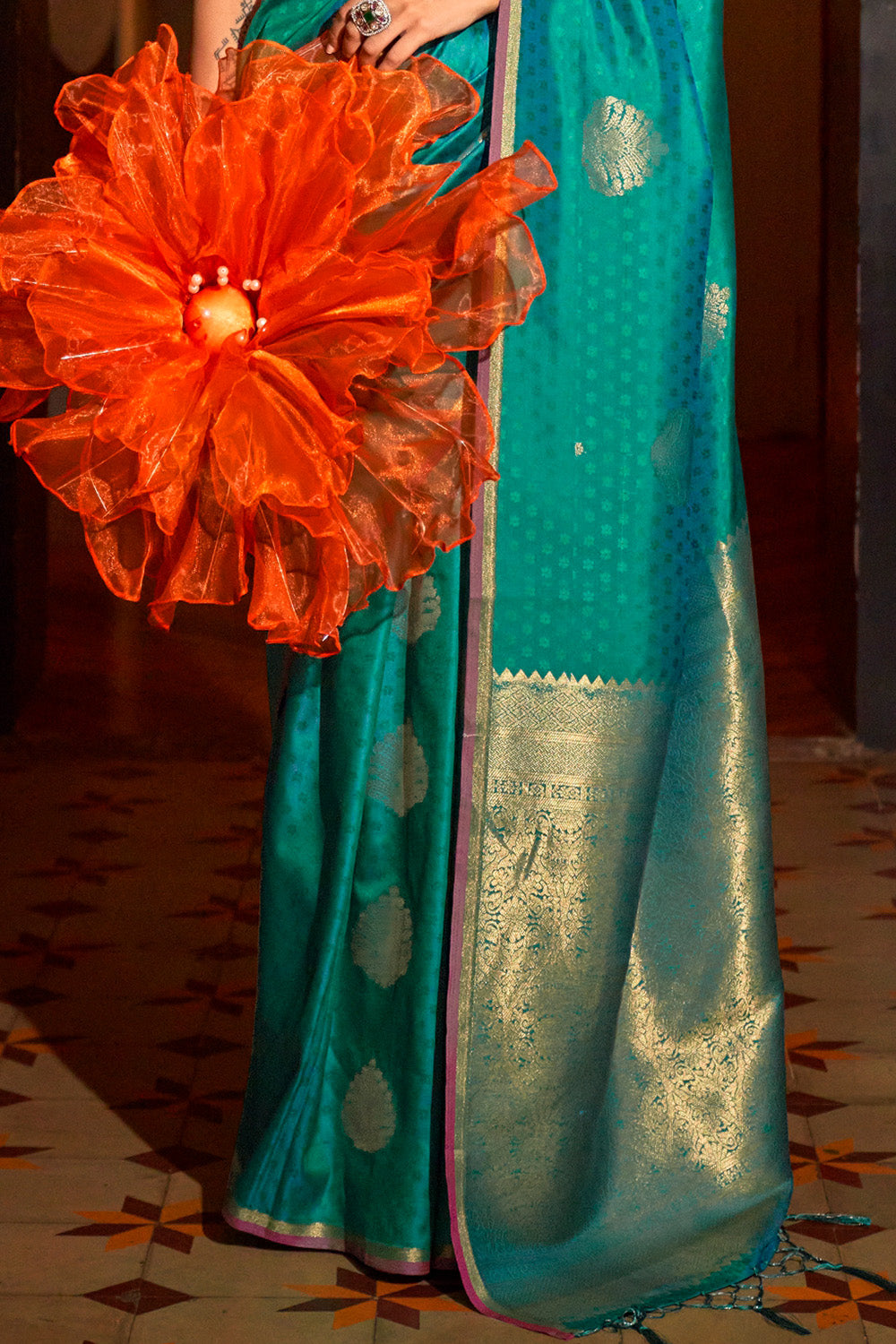 Sea Green Banarasi Saree With Brocade Blouse