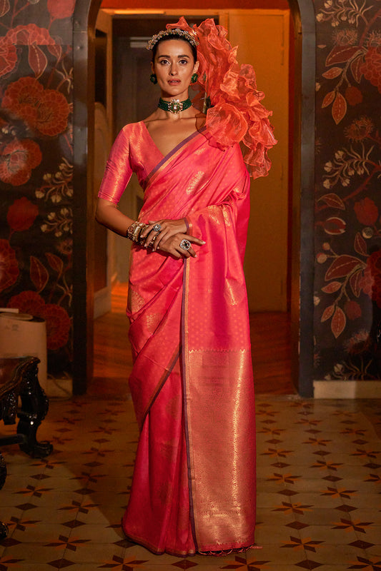 Coral Banarasi Saree With Brocade Blouse