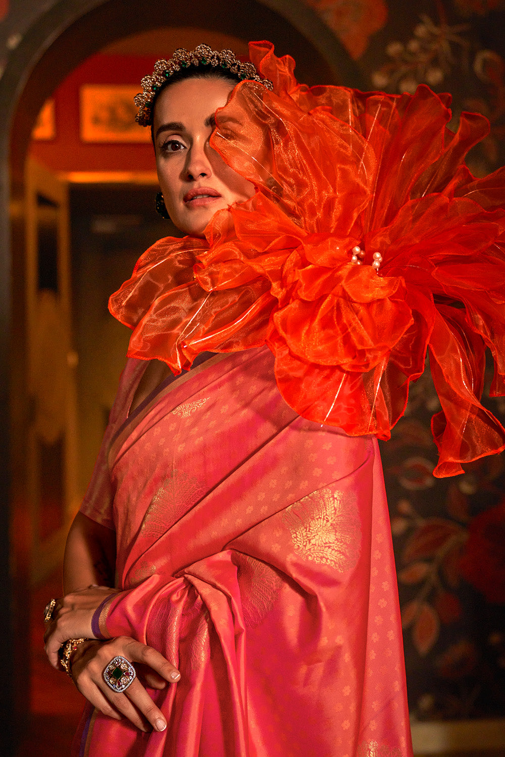 Coral Banarasi Saree With Brocade Blouse