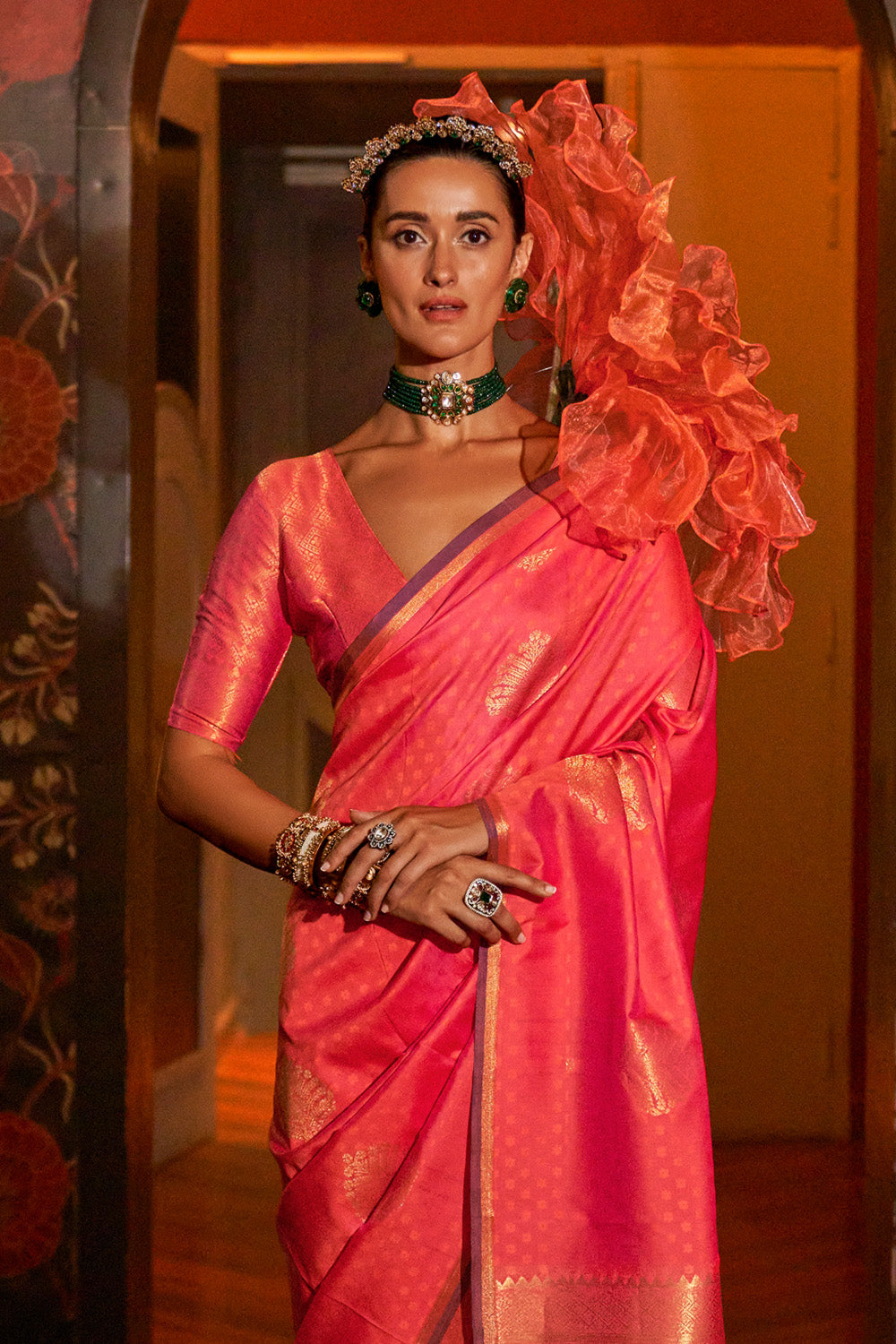 Coral Banarasi Saree With Brocade Blouse