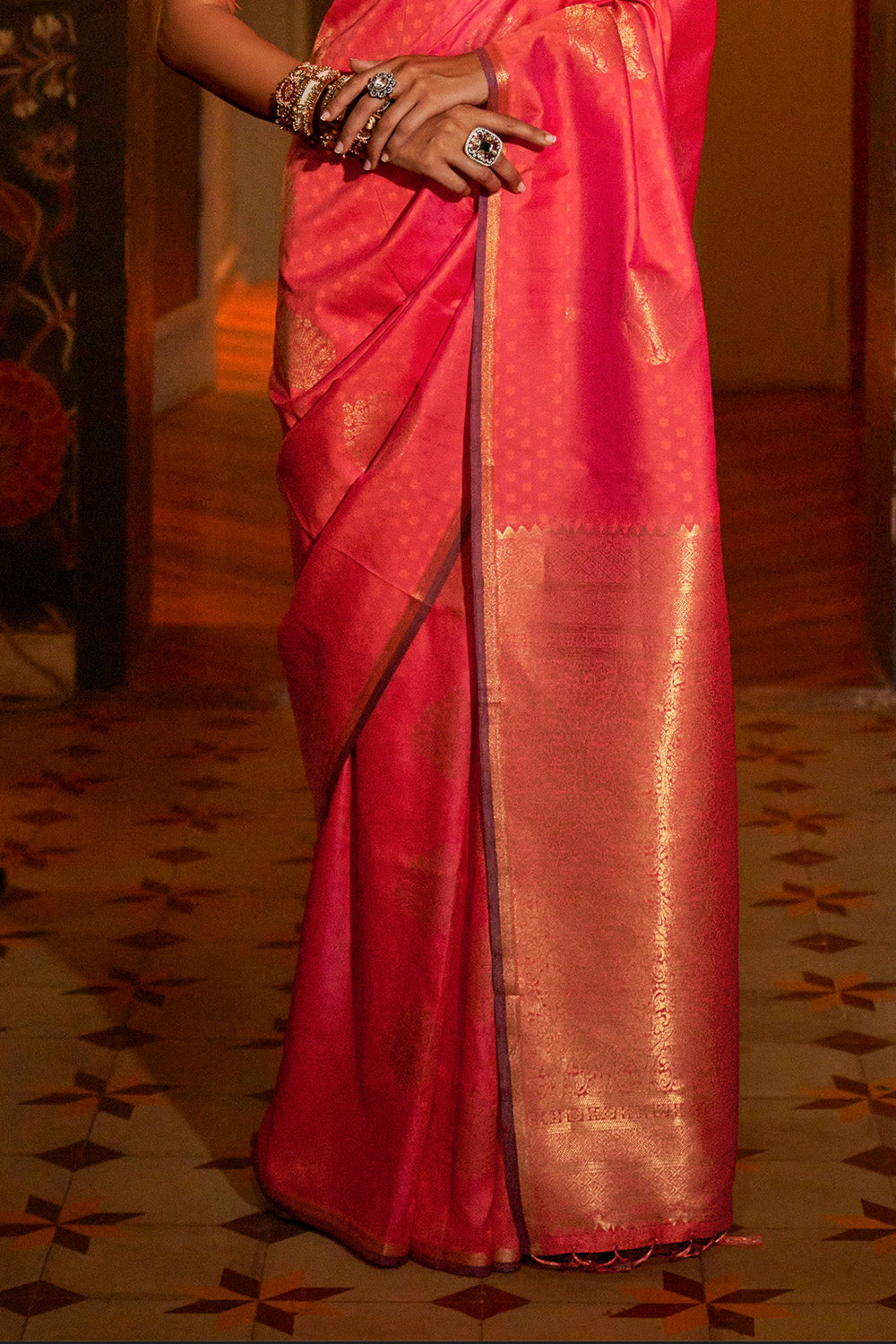 Coral Banarasi Saree With Brocade Blouse