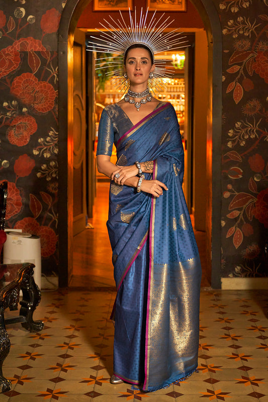 Navy Blue Banarasi Saree Heavy With Brocade Blouse