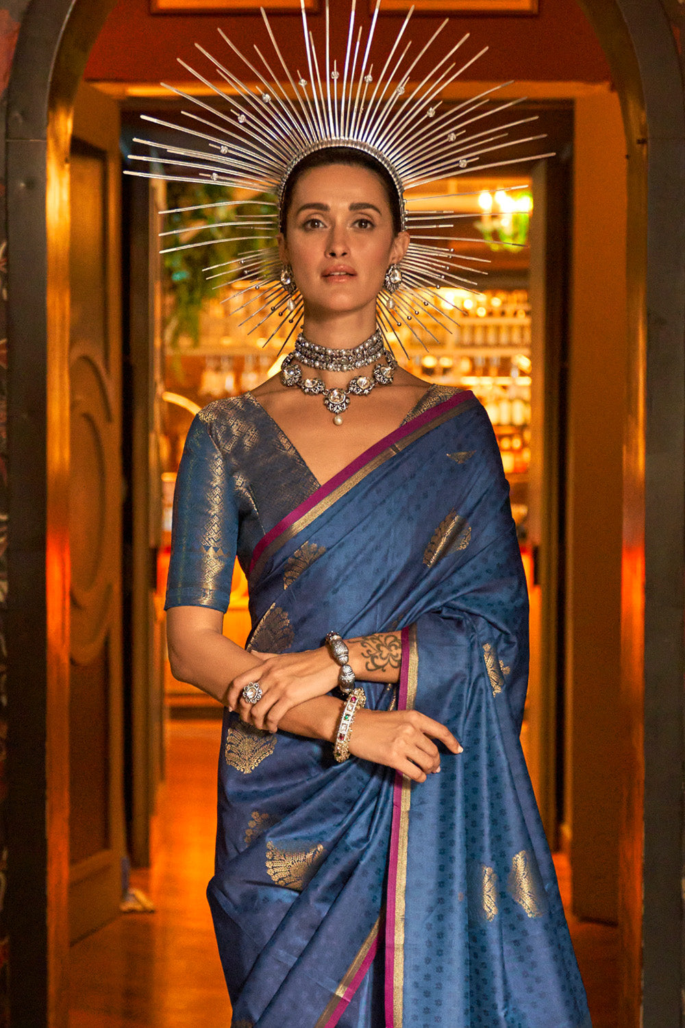 Navy Blue Banarasi Saree Heavy With Brocade Blouse