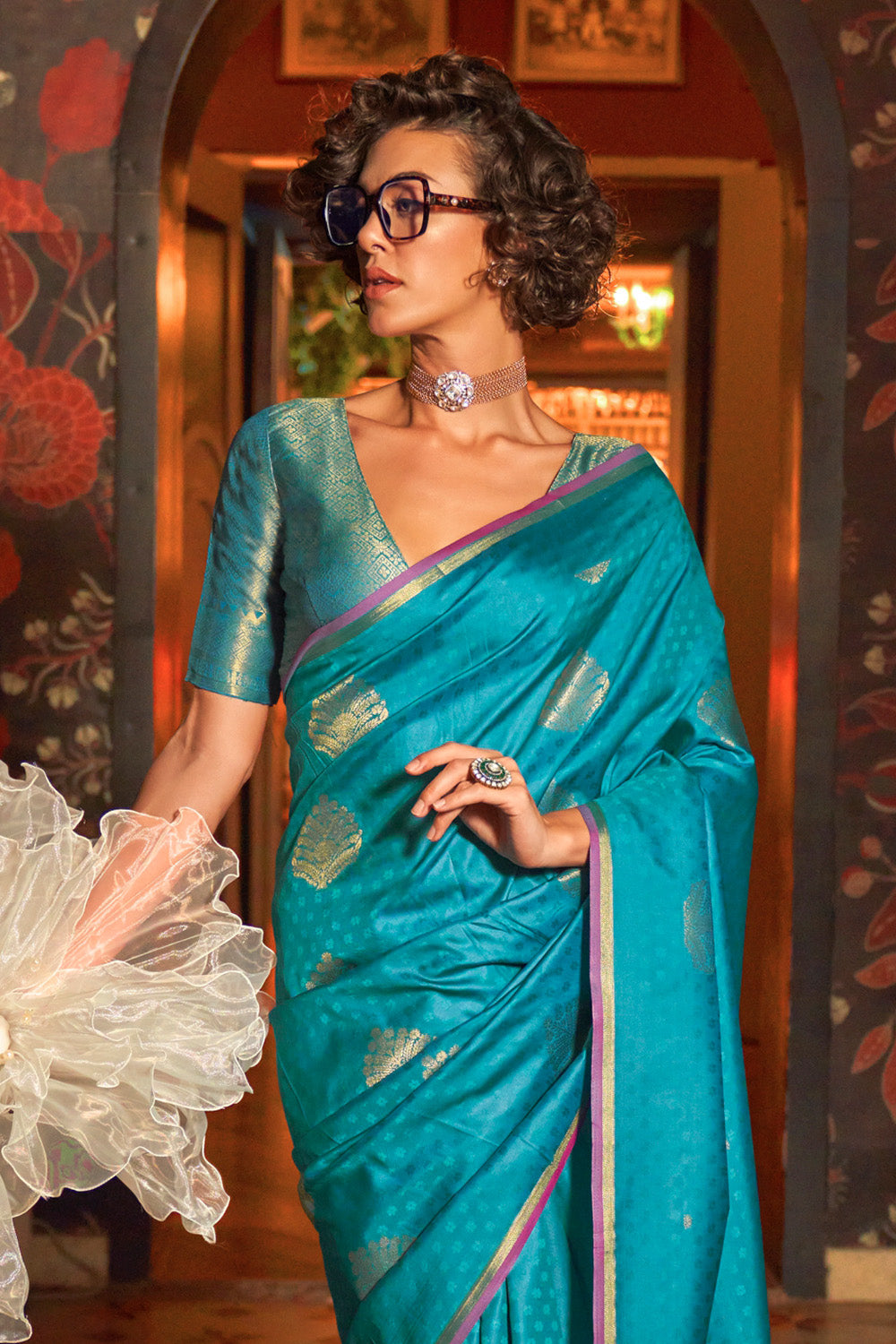 Teal Banarasi Saree Heavy With Brocade Blouse