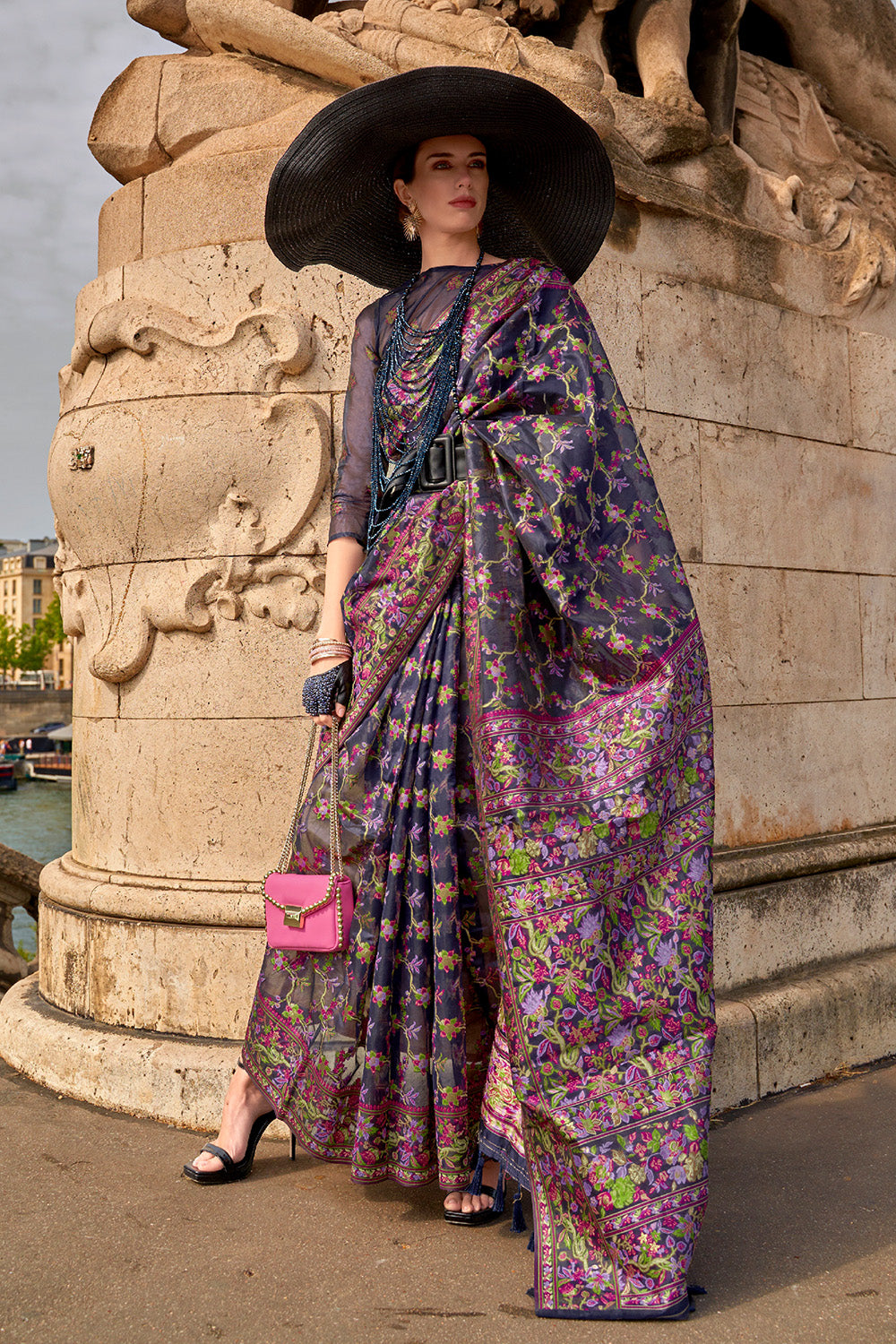 Multicolor Organza Parsi Sarees With Green Blouse