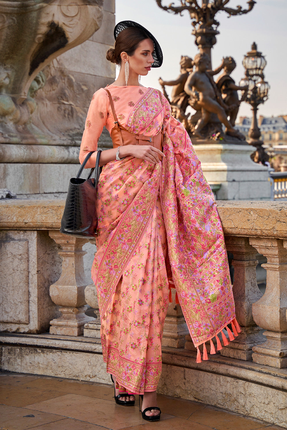 Light Pink Organza Parsi Sarees With Pink Blouse