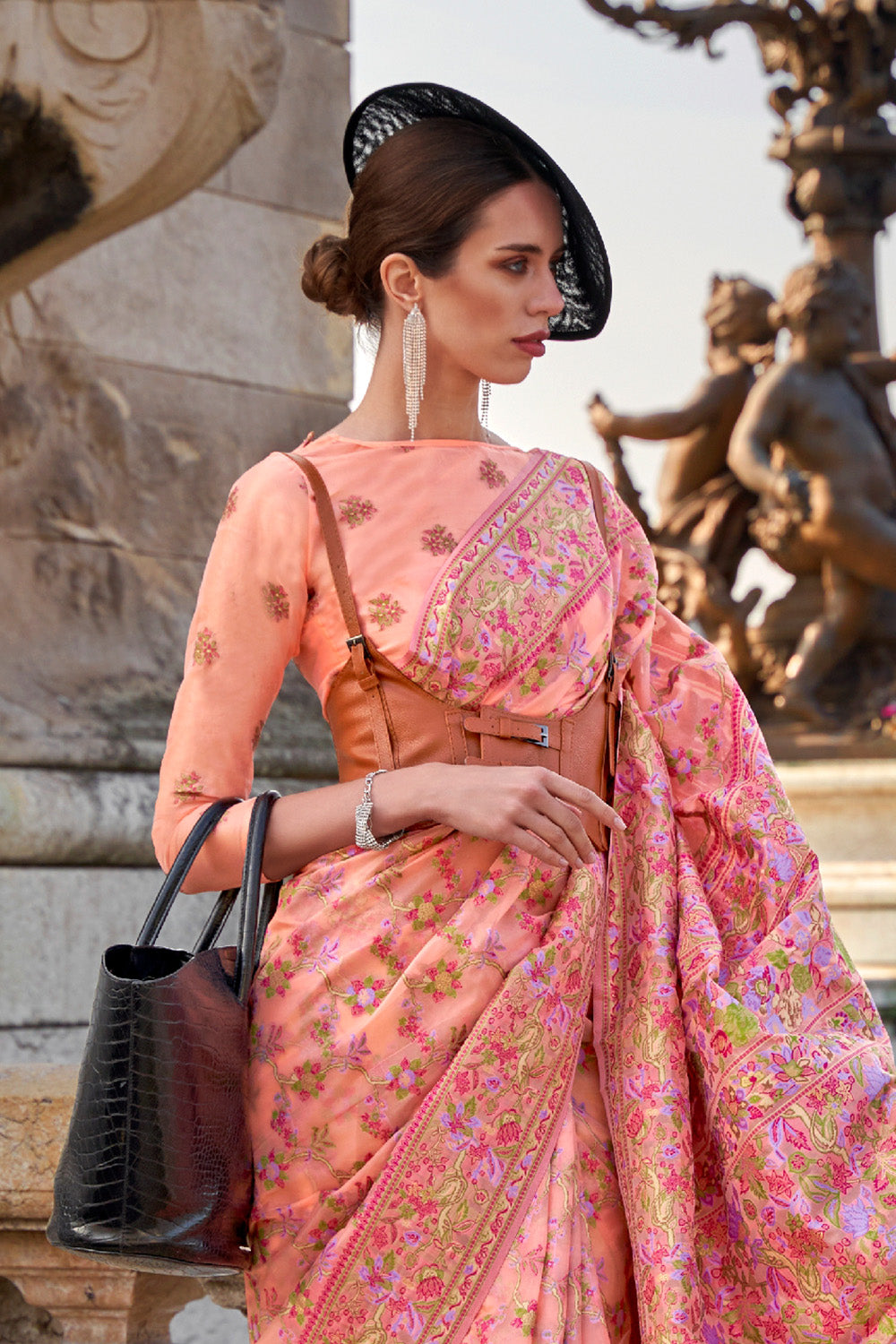 Light Pink Organza Parsi Sarees With Pink Blouse