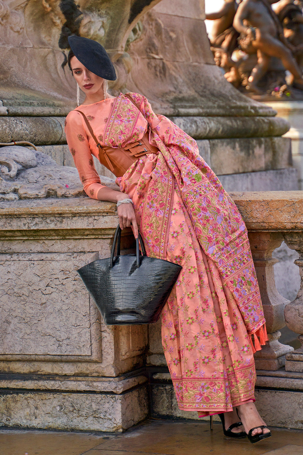 Light Pink Organza Parsi Sarees With Pink Blouse