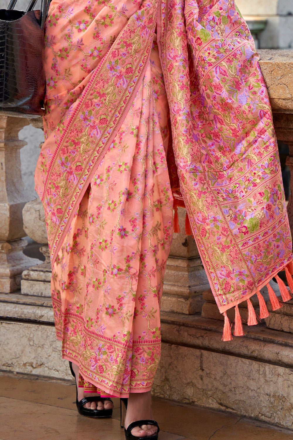 Light Pink Organza Parsi Sarees With Pink Blouse