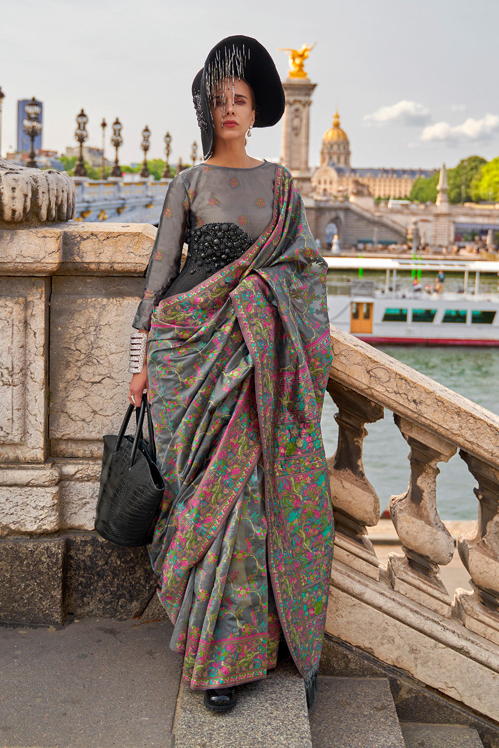 Grey Organza Parsi Sarees With Grey Blouse
