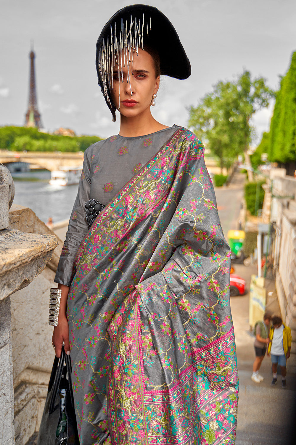 Grey Organza Parsi Sarees With Grey Blouse