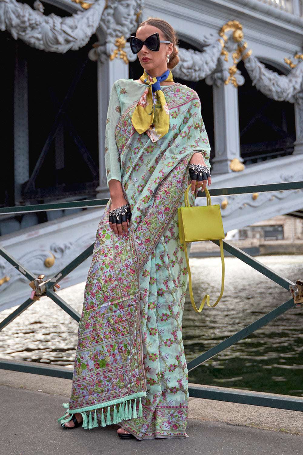 Light Green Organza Parsi Sarees With Green Blouse