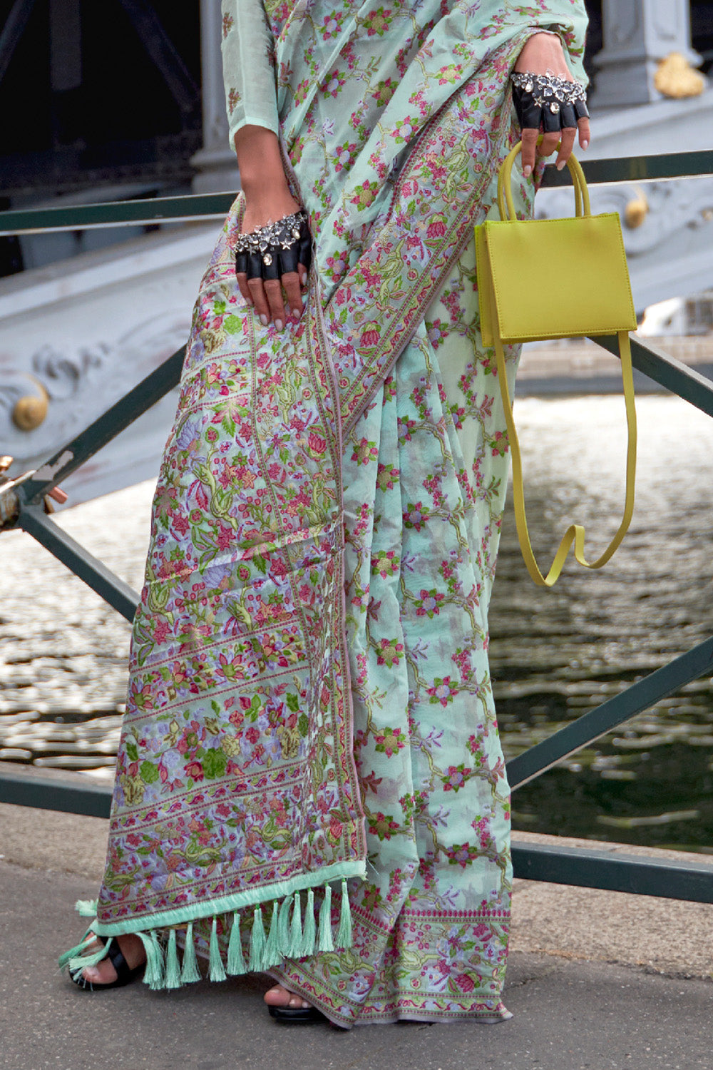 Light Green Organza Parsi Sarees With Green Blouse