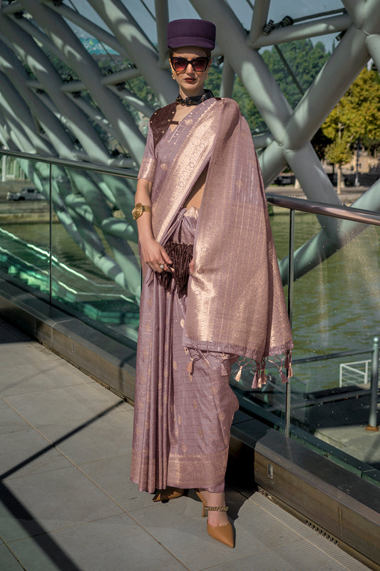 Light Brown Katan Banarasi And Checks Saree With Blouse