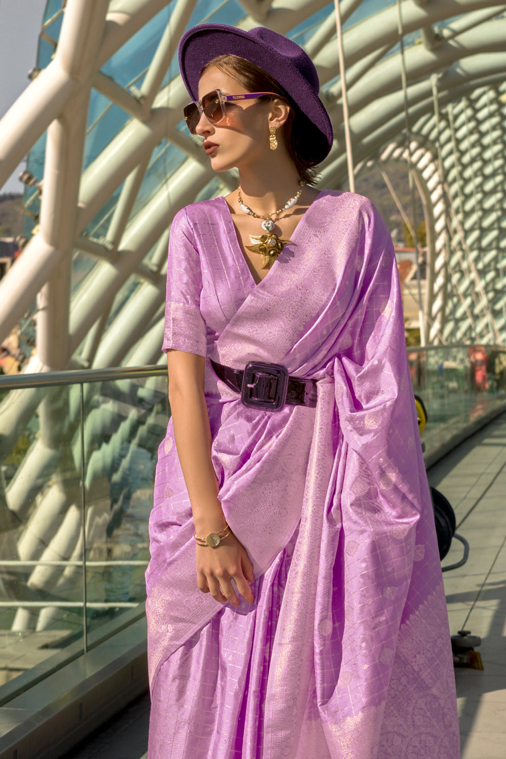 Lilac Katan Banarasi And Checks Saree With Blouse