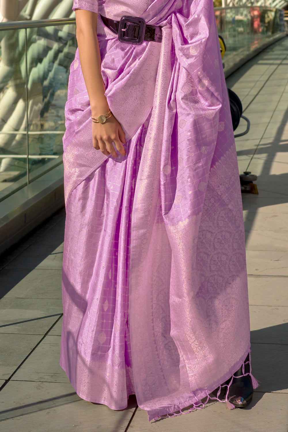 Lilac Katan Banarasi And Checks Saree With Blouse