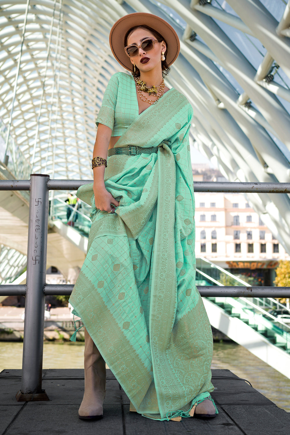Light Green Katan Banarasi And Checks Saree With Blouse