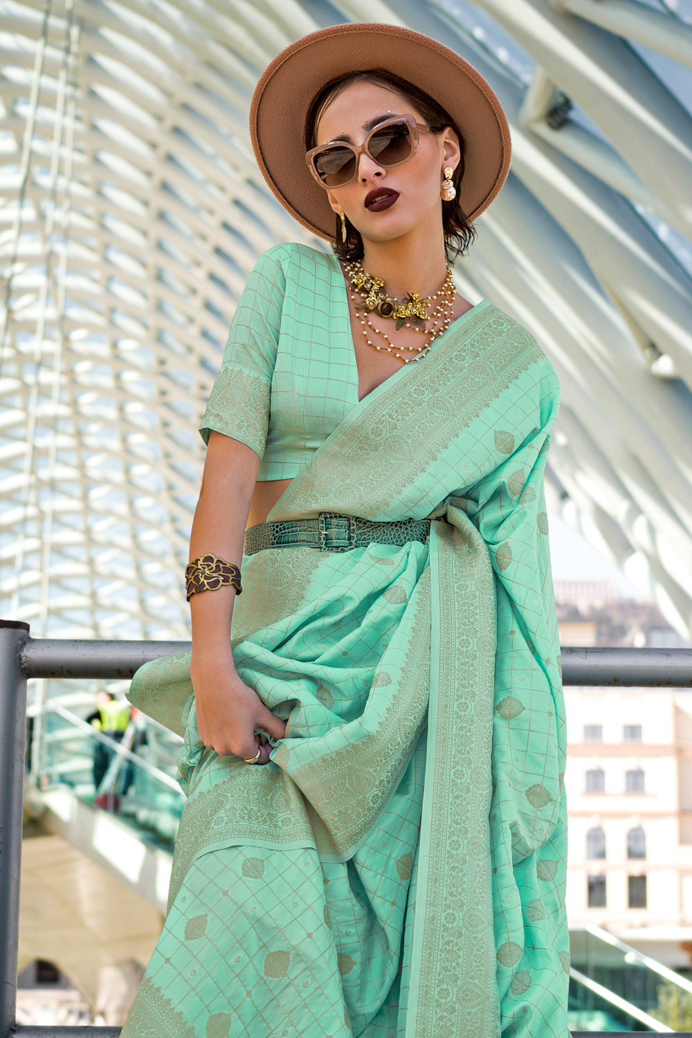 Light Green Katan Banarasi And Checks Saree With Blouse