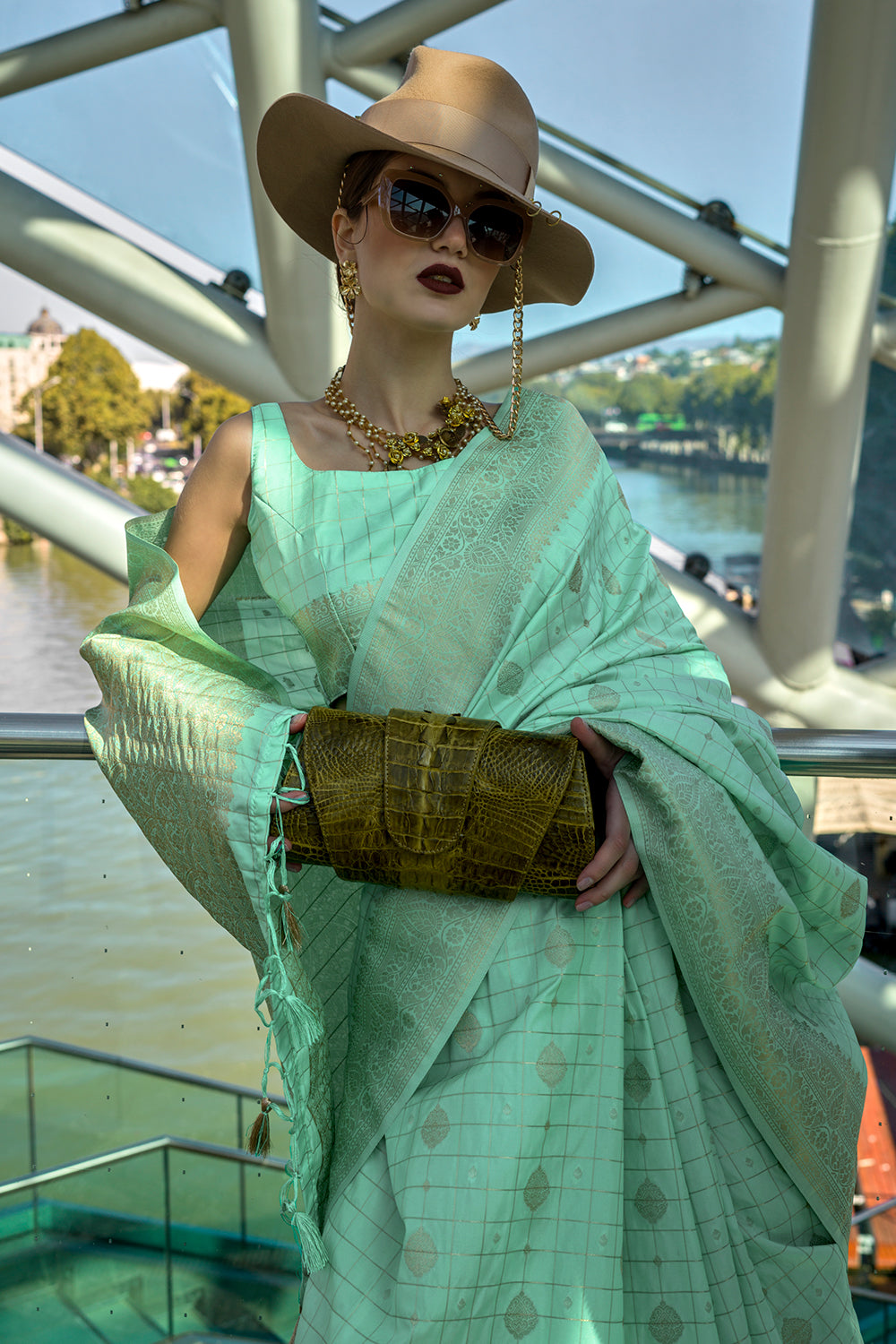 Light Green Katan Banarasi And Checks Saree With Blouse