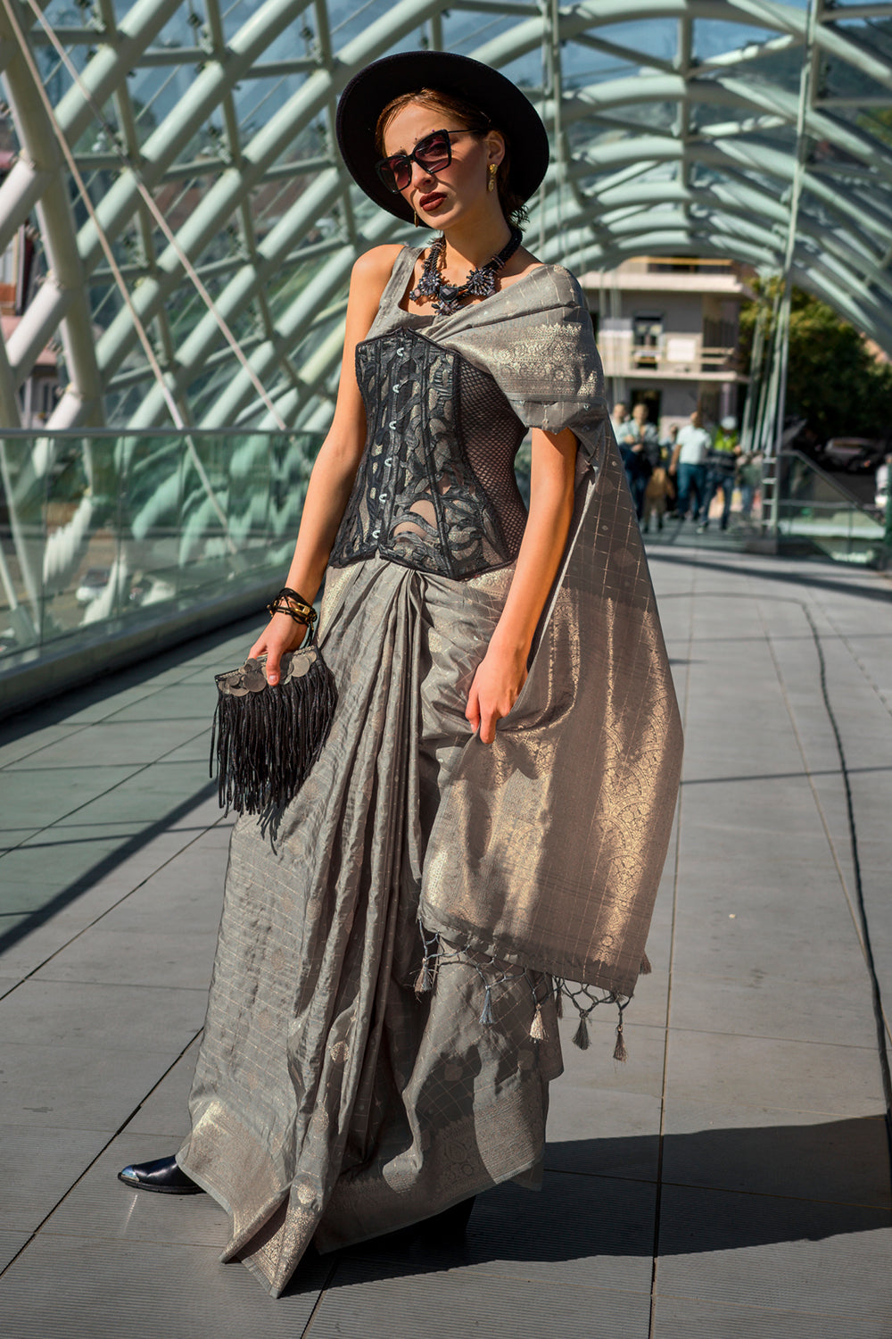 Light Grey Katan Banarasi And Checks Saree With Blouse