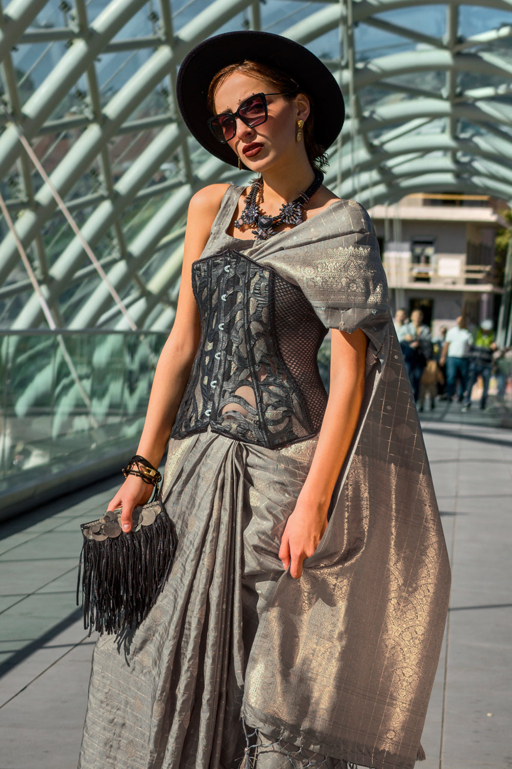 Light Grey Katan Banarasi And Checks Saree With Blouse