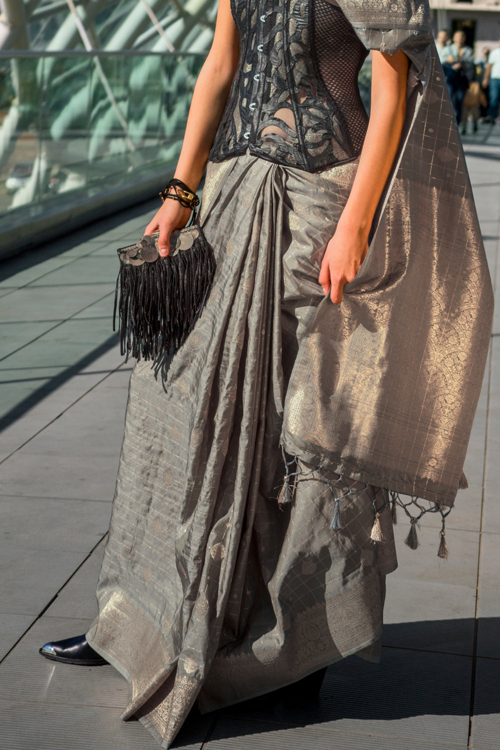 Light Grey Katan Banarasi And Checks Saree With Blouse