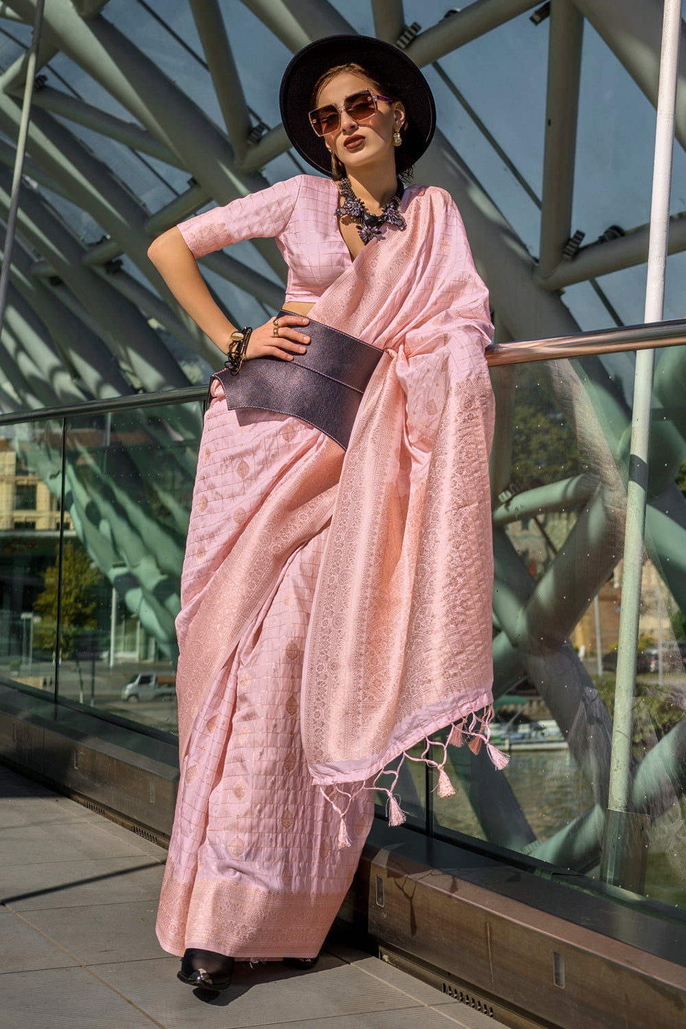 Light Pink Katan Banarasi And Checks Saree With Blouse