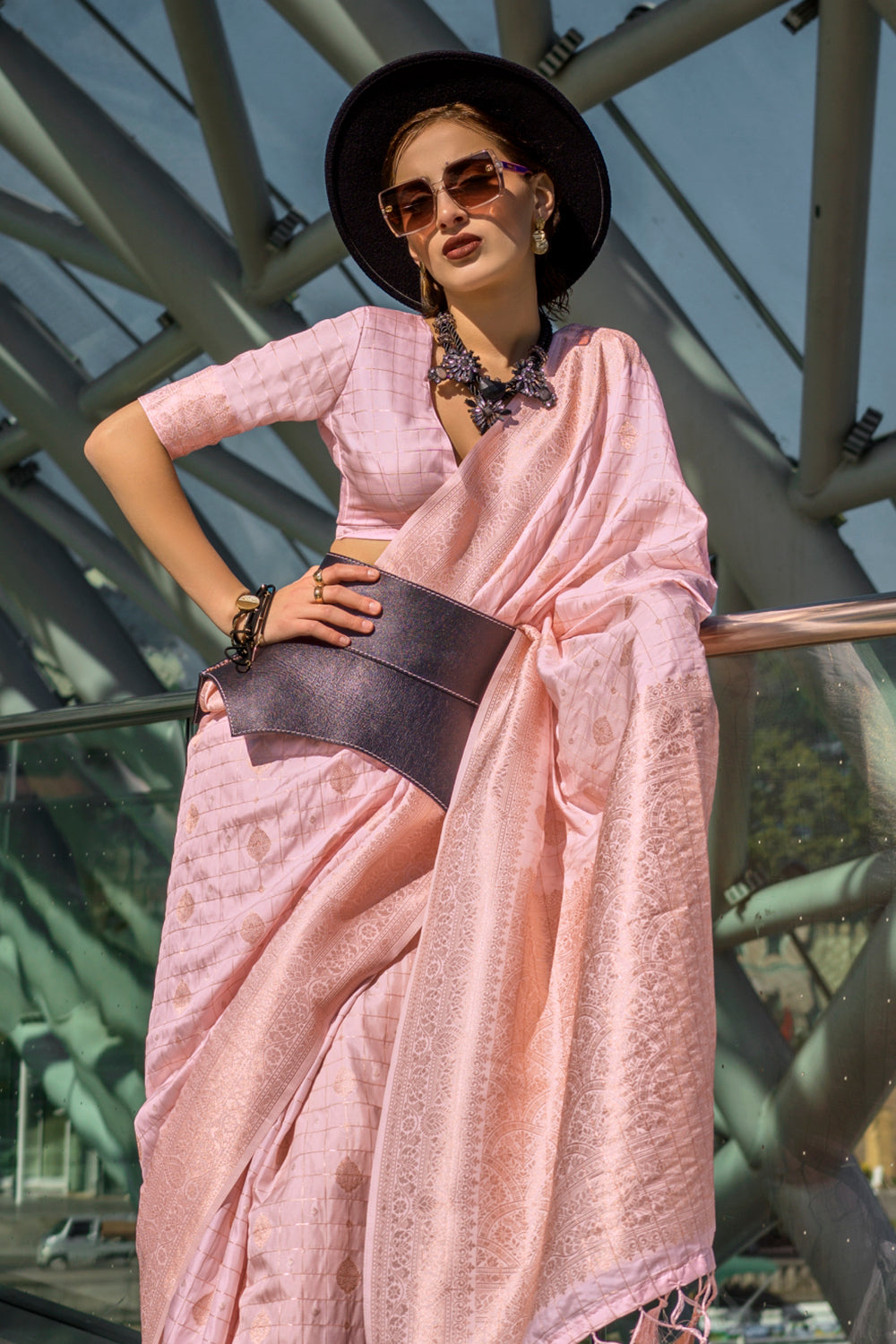 Light Pink Katan Banarasi And Checks Saree With Blouse