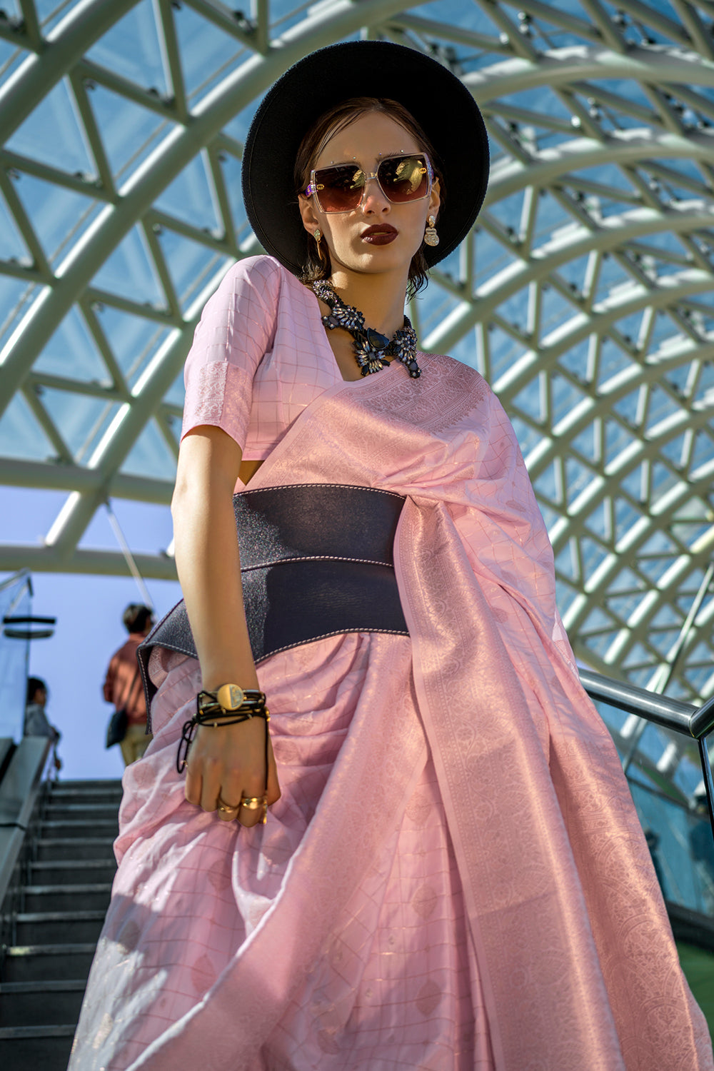 Light Pink Katan Banarasi And Checks Saree With Blouse
