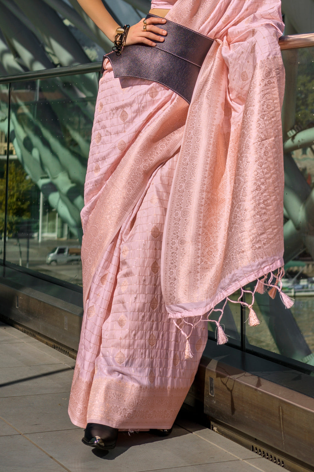 Light Pink Katan Banarasi And Checks Saree With Blouse