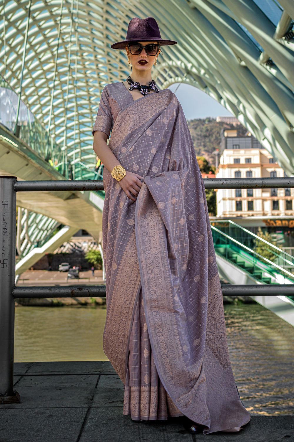 Lavender Katan Banarasi And Checks Saree With Blouse