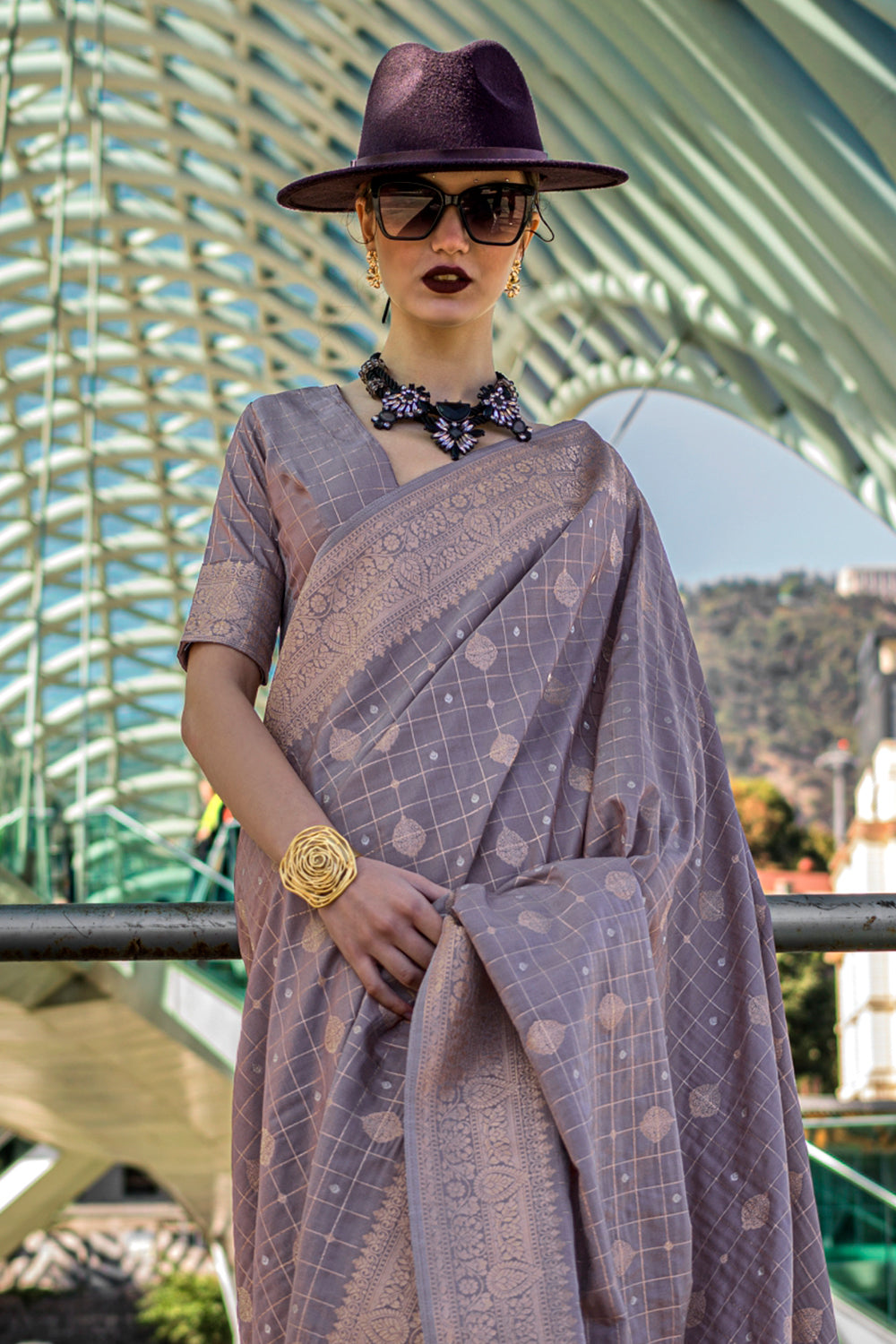 Lavender Katan Banarasi And Checks Saree With Blouse