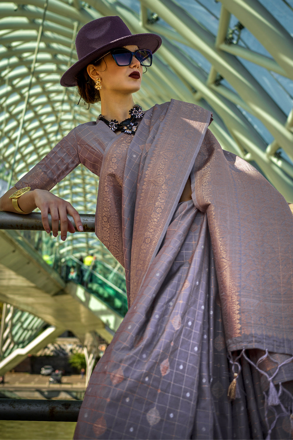 Lavender Katan Banarasi And Checks Saree With Blouse