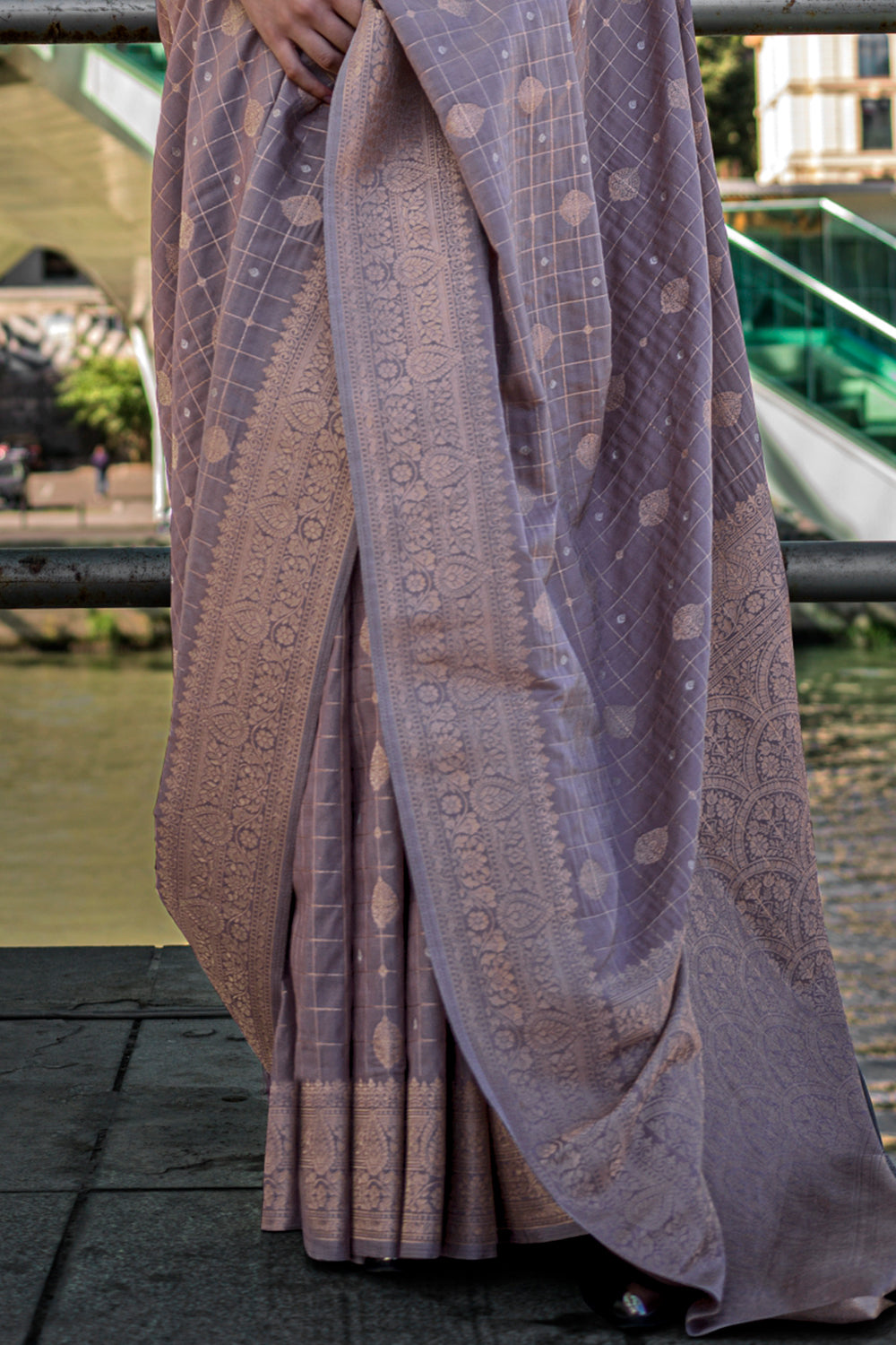 Lavender Katan Banarasi And Checks Saree With Blouse