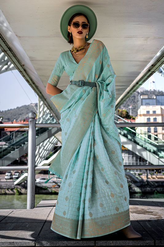 Sea Green Katan Banarasi And Checks Saree With Blouse