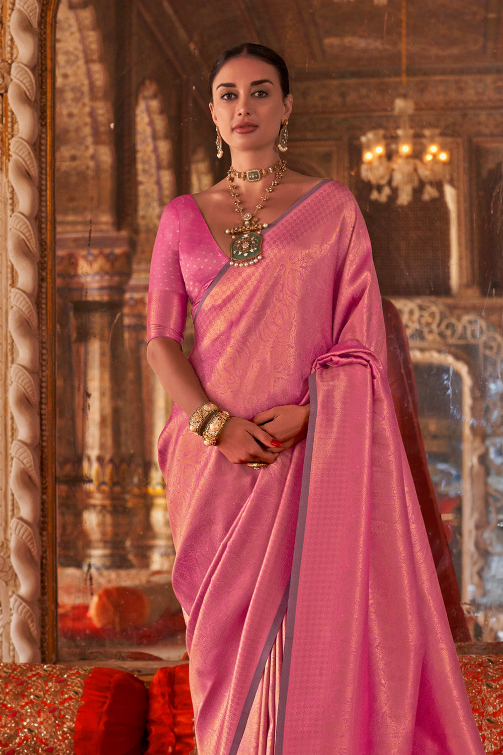 Pink Heavy Banarasi Saree With Blouse