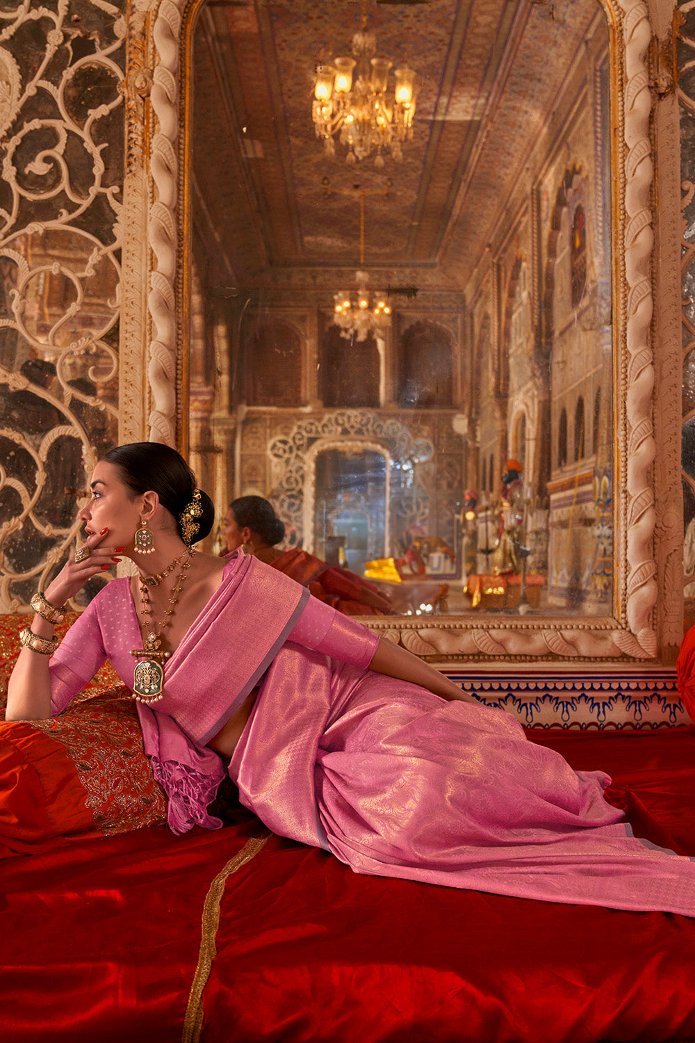 Pink Heavy Banarasi Saree With Blouse