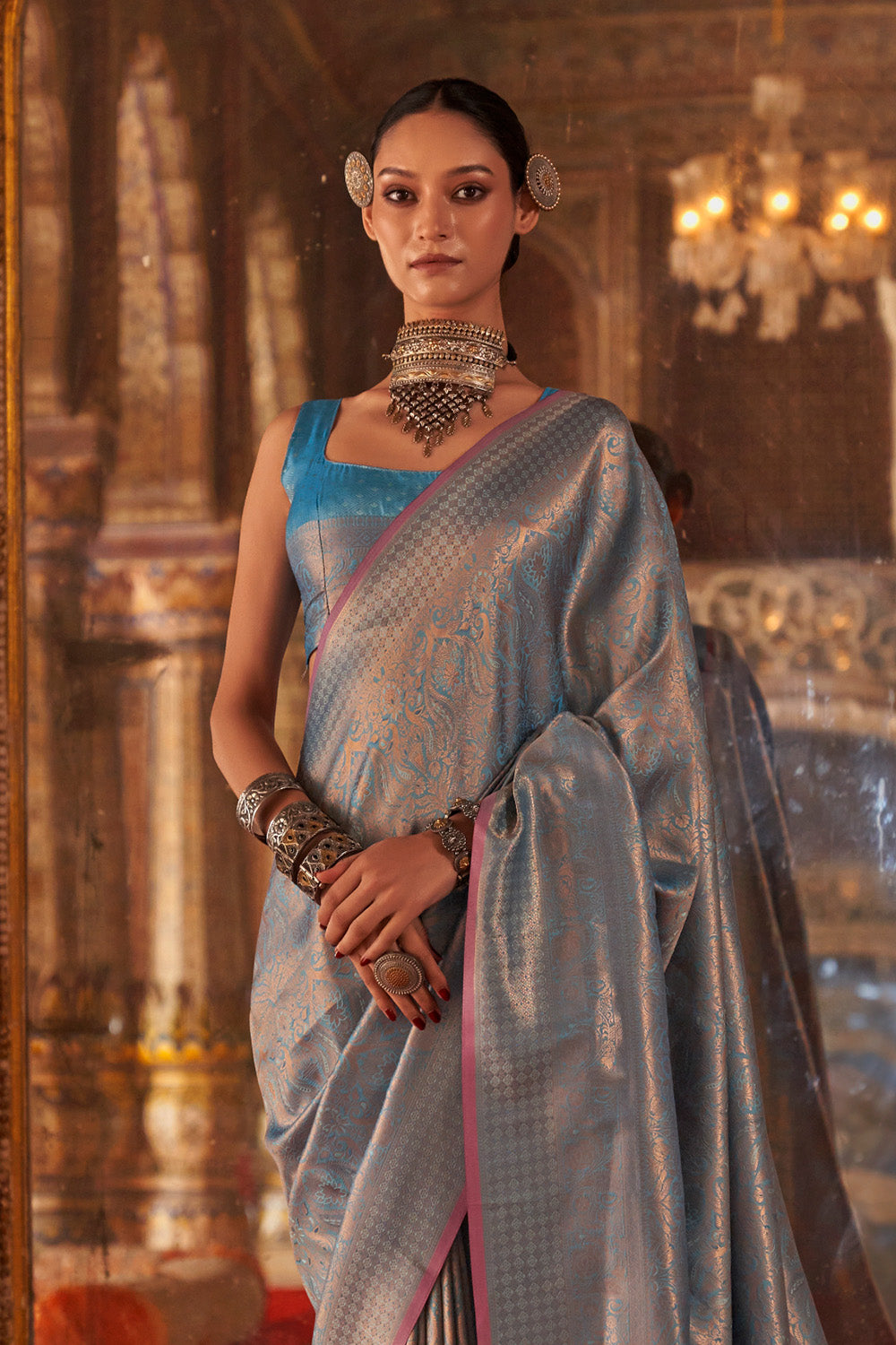 Blue Heavy Banarasi Saree With Blouse